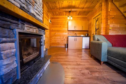 a living room with a fireplace in a log cabin at Oşvacu Dağ Evleri in Çamlıhemşin