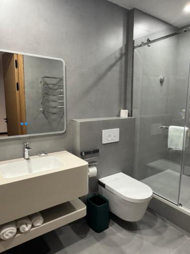 a bathroom with a sink and a toilet and a shower at Paziro Hotel in Dushanbe