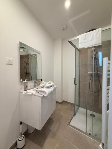 a bathroom with a shower and a sink and a mirror at Laulique in Les Lilas