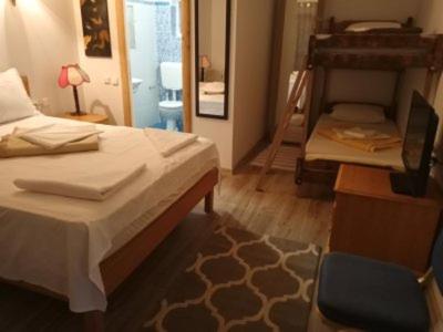 a bedroom with two beds and a desk and a chair at LEBADA de VARA in Mahmudia