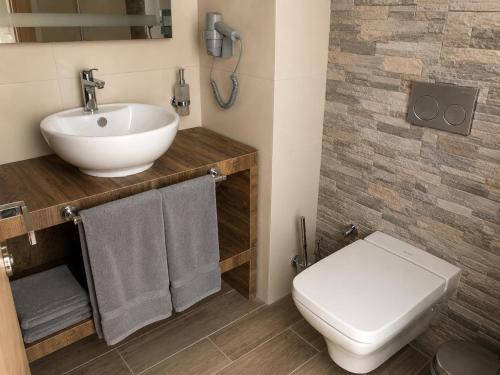 a bathroom with a sink and a toilet at Vel-Mer Lefke in Ayios Nikolaos