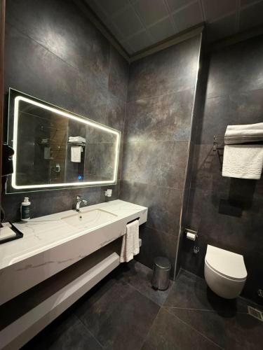 a bathroom with a sink and a toilet and a mirror at Hills Managed by Dedeman in Erbil