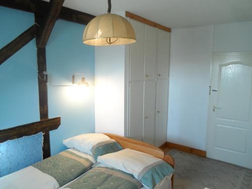 two beds in a room with blue walls at Garden Szivárvány utca 39 Superior Vendégház in Szeged