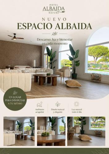 ein Katalog eines Wohnzimmers mit Tischen und Stühlen in der Unterkunft Hotel Albaida Nature in Mazagón