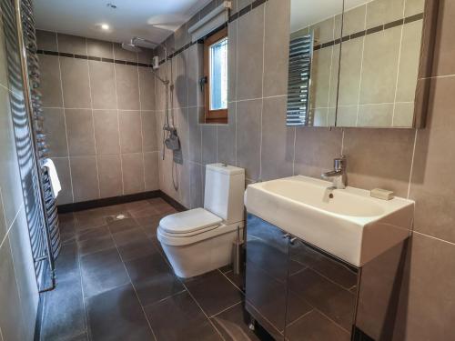 a bathroom with a toilet and a sink at Owl Cottage in Woodbridge