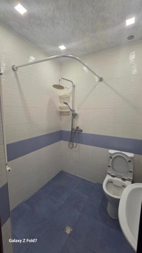a bathroom with a shower with a toilet and a sink at Cozy Townhouse in Yerevan