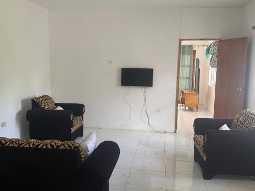 a living room with two couches and a flat screen tv at Dvilla Resort in Negril