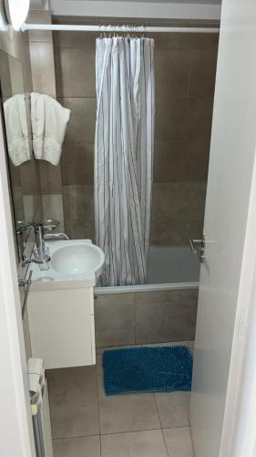 a bathroom with a shower curtain and a sink at Ventanas A LA CIUDAD in Mar del Plata