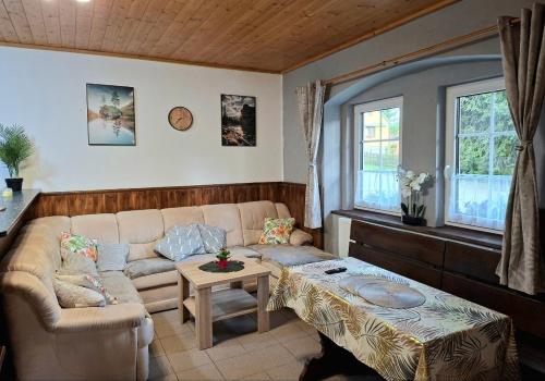 a living room with a couch and a table at Apartmán Kameňák in Stožec