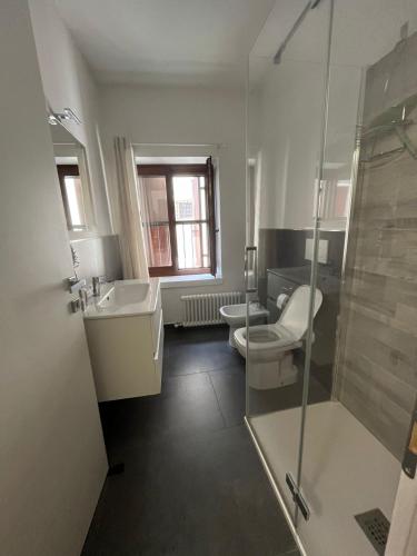 ein Badezimmer mit Toilette, Waschbecken und Dusche in der Unterkunft Hailey House in Cavalcaselle