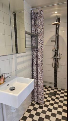 a bathroom with a sink and a shower at Gäststugan in Åkersberga