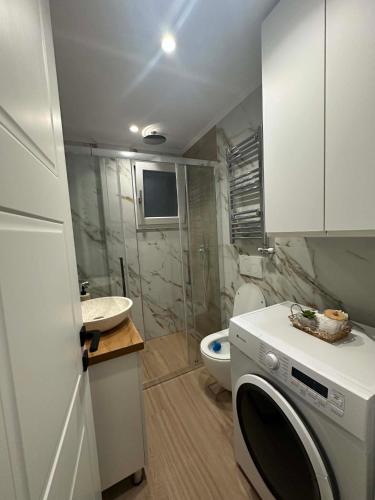 a bathroom with a washing machine and a toilet at Aelio apartment in Ermoupoli
