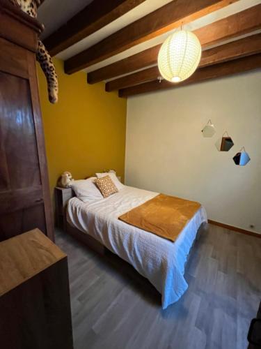 a bedroom with a bed and a chandelier at Maison solognotte in Sainte-Montaine