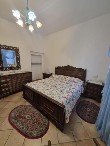 a bedroom with a bed and a tv and two rugs at La casina dei nonni in Sinalunga