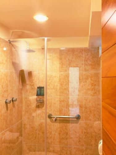 eine Dusche mit Glastür im Badezimmer in der Unterkunft Hotel Ikzam Palenque in Palenque