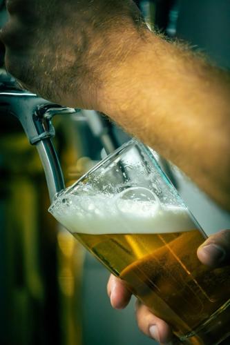 a man is holding a glass of beer at Camp & Hostel Maltakva in Poti