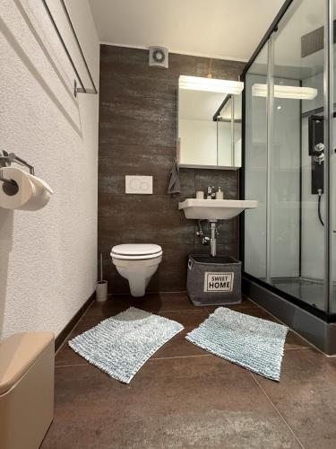 a bathroom with a toilet and a sink and two rugs at Glarner Spa I Private Sauna & Hot Tub & Alps View in Ennenda