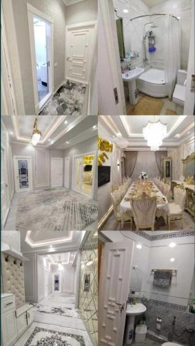a collage of four pictures of a bathroom at Madigul in Andijan