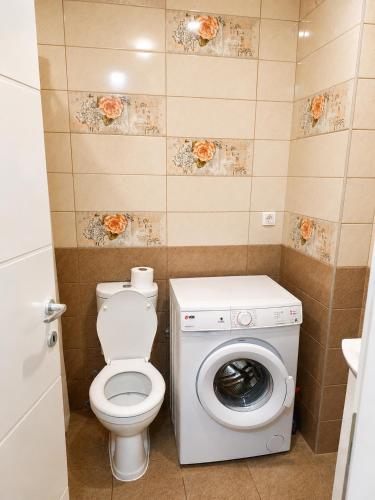a bathroom with a toilet and a washing machine at Harmony Relax in Paraćin