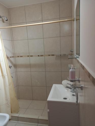 a bathroom with a shower and a sink at Departamentos Capernaum in Santa Rosa