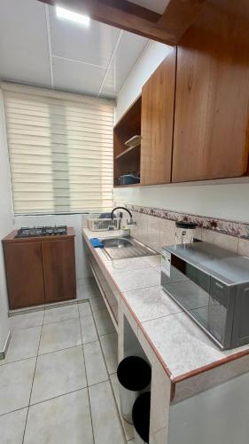 a kitchen with a sink and a counter top at Finch Nest Malecón in San Cristóbal