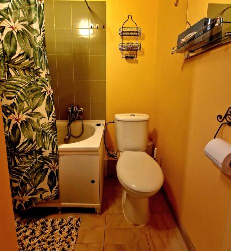 a bathroom with a toilet and a shower curtain at Omes puurs in Ventspils