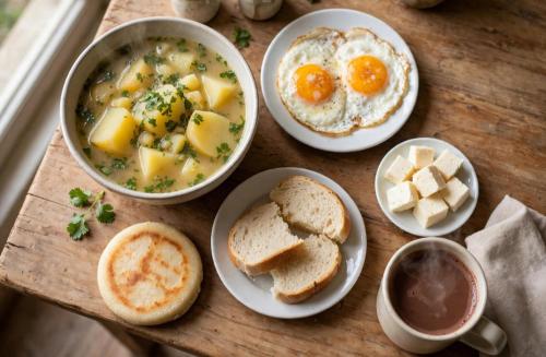 a table with bowls of soup and eggs and bread at Hotel Boutique Porvenir Real in Charalá