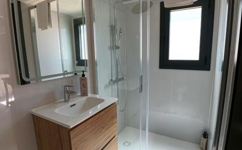 a bathroom with a sink and a shower at Camping Alquézar in Alquézar