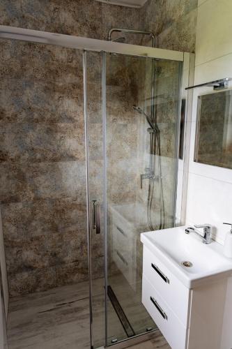 a bathroom with a shower and a sink at Domki przy Alei in Krasnobród
