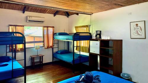 a room with three bunk beds in a room at El Clan Hostel in Puerto Viejo