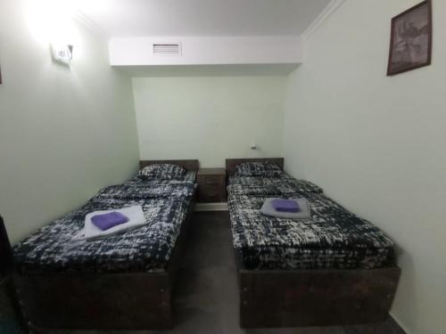 two beds in a small room with purple pillows at Hostel VOYAGE in Batumi