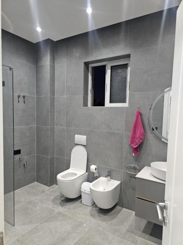 a bathroom with a toilet and a sink at Visi garden house in Valjiosi