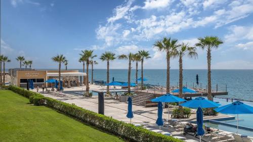 a beach with palm trees and blue umbrellas at Encantame Velero Ground Floor, BeachFront in Playa Encanto