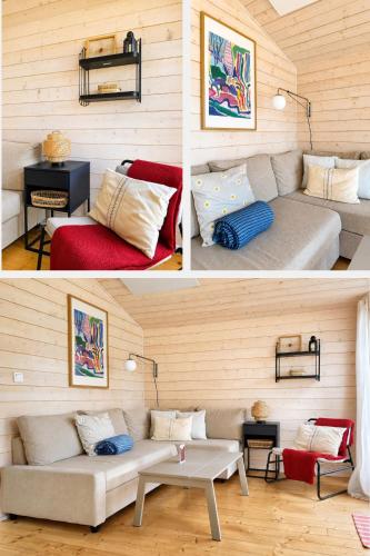 a living room with a couch and a table at 401 Ruhiges Tiny House mit Wiese in Bleckede