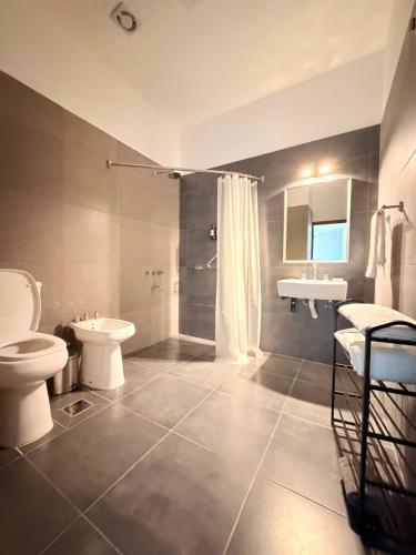 a bathroom with a toilet and a sink and a shower at Finca Las Margaritas in Chicoana