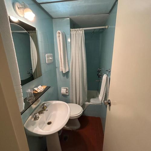 a bathroom with a sink and a toilet and a mirror at San Marco Hotel in La Plata