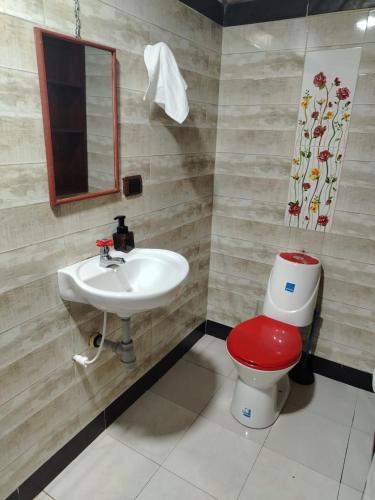 a bathroom with a sink and a toilet with a red seat at Alojamiento Las Rocas in Confines