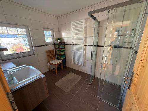 a bathroom with a shower and a sink at Landhaus Alpenblick Tauplitz in Tauplitz