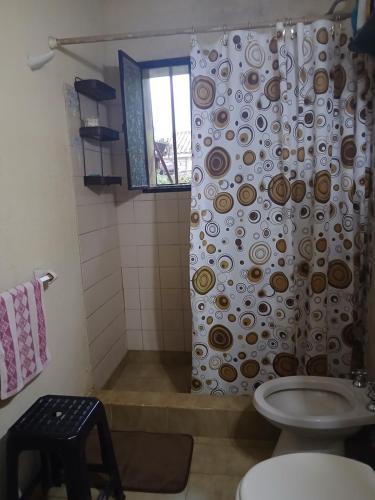 a bathroom with a shower curtain with a toilet at Casa amigable dos habitaciones cuatro lugares in Rosario