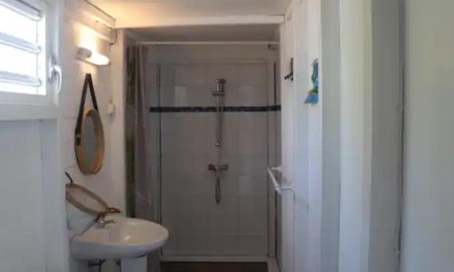 a bathroom with a shower and a sink at Case du pêcheur in Grand-Bourg