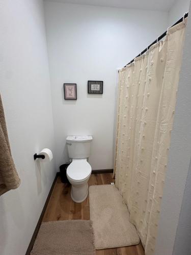 a bathroom with a toilet and two pictures on the wall at Driftless Destinations in McGregor