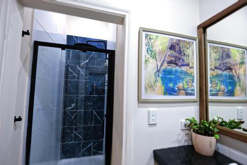 a bathroom with a glass shower door with a potted plant at Private sanctuary between river and sea in Perth