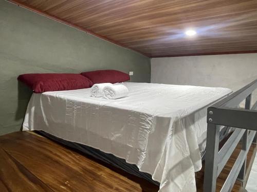 a bed with white sheets and red pillows on it at Mini Loft en Quezaltepeque in Quezaltepeque
