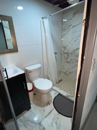 a bathroom with a toilet and a shower at Mini Loft en Quezaltepeque in Quezaltepeque