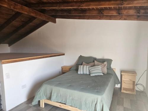 a bedroom with a bed in a room with wooden ceilings at Vertiente escondida in Villa Yacanto
