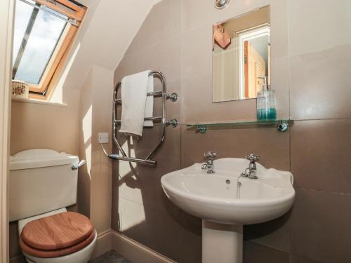 a bathroom with a sink and a toilet and a mirror at The Lodge Farm Barn in Kerne Bridge