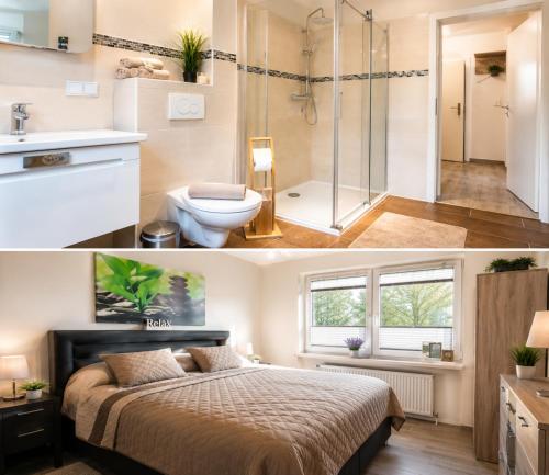 a bedroom and a bathroom with a bed and a shower at Ferienwohnanlage Majorcas in Dahme