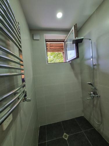 a bathroom with a shower and a window at kakhtubani in Chandari