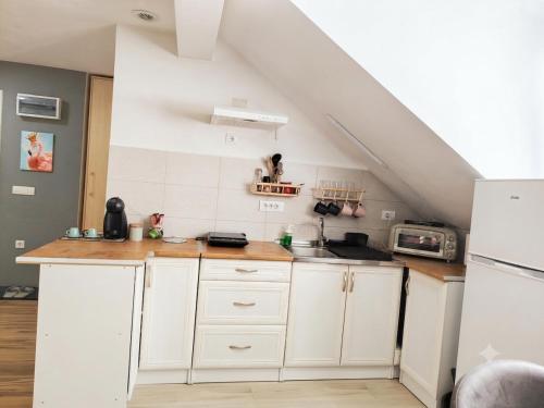 a kitchen with white cabinets and a white refrigerator at Smestaj Dzentlmen in Soko Banja