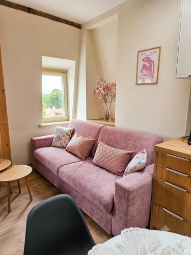 a living room with a pink couch and a window at Rosette Rose AC Progres in Toruń
